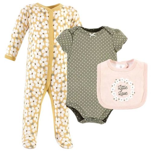 Hudson Baby Infant Girl Cotton Sleep and Play, Bodysuit and Bandana Bib Set, Sage Floral Wreath