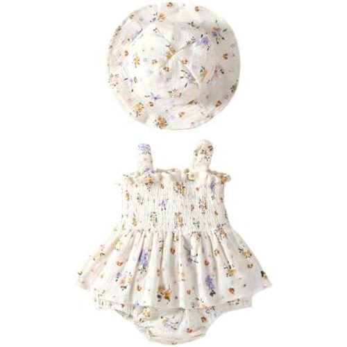 Baby Girl Romper One Piece Babysuit Sleeveless Floral Print Strap Summer Clothes Jumpsuit with a Hat