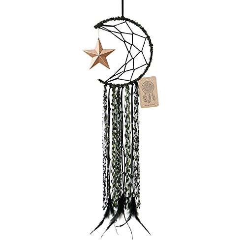 Dremisland Moon Dream Catcher Handmade Half Circle Moon Design Dream Catcher Feather Hanging with Star Home Decoration Ornament Festival Gift (Green)