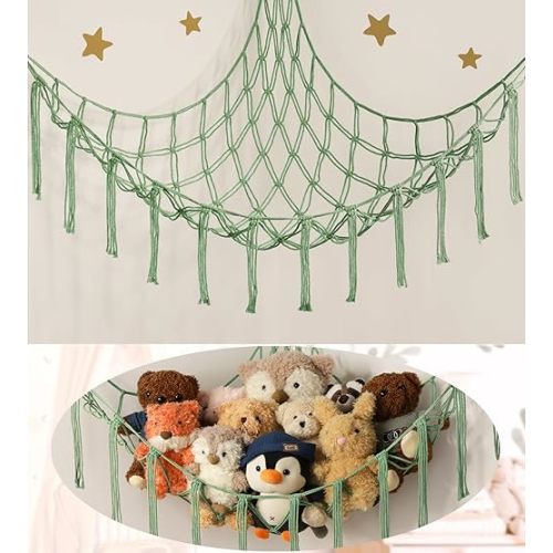 Stuffed Animal Hammock Corner Net for Toys Storage Hanging Stuff Animal Organizer Holder Matcha Green Room Bedroom Nursery Decor Organization