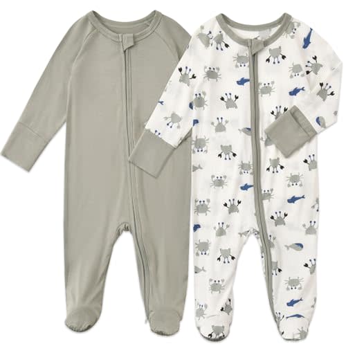 Aablexema Baby Footed Coverall Pajamas with Mittens Rayon from Bamboo 2pcs Newborn Infant 2-way Zipper Outfit
