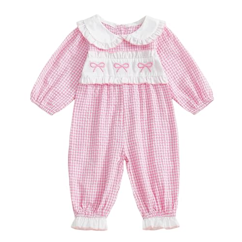 Seyurigaoka Newborn Baby Girl Smocked Bubble Romper Bow Gingham Jumpsuit | Peter Pan Collar One Piece Going Home Outfits, Long Sleeve, Infant Fall Winter Clothes for 0-18M