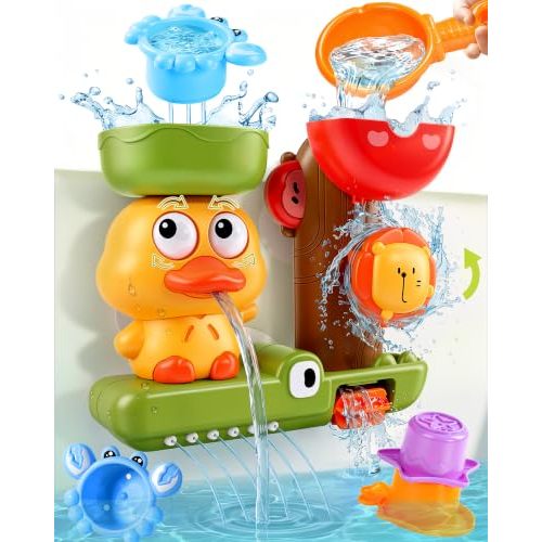 Toddler Bath Toys for Kids Ages 1-3 Waterfall Bathtub Toys for Toddlers 2-4 | with 3 Stacking Cups No Mold Baby Bath Toys Interactive Duck Water Shower Toys for Boys Girls Gifts with Strong Suction Cups