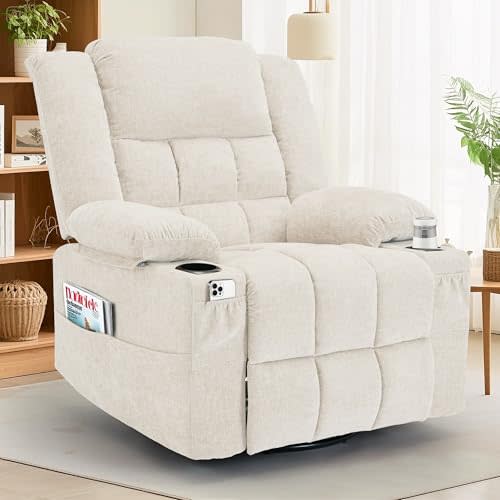 Korser 360° Swivel Rocker Recliner for Adults, Nursery Glider Recliner with Massage and Heating, Rocking Chair with Cup Holder, Manual Recliner Chair for Living Room, Bedroom (Fabric, Beige)