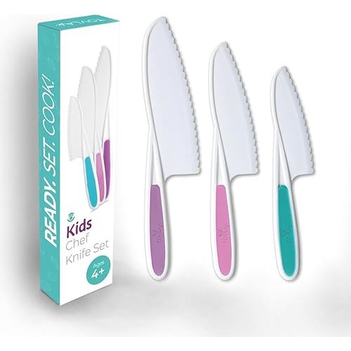 Tovla Jr. Kid Safe Knife Set for Real Cooking | 3-Piece Toddler Kitchen Knives | Montessori & STEM Cooking Tools Ages 4–12 | BPA-Free, Dishwasher-Safe | Christmas, Birthday & Stocking Stuffer Gift