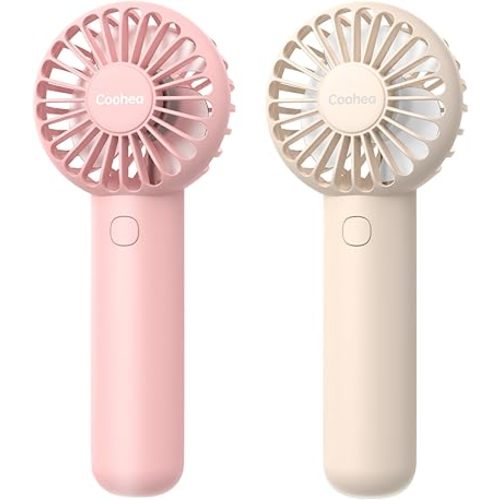 2-Pack Pink & Beige Handheld Fan, Small Cute Design, 3 Powerful Speeds, Operated by USB/Rechargeable Battery, Personal Portable Fan with Base & Lanyard, for Eyelash Makeup Travel Beach Desk