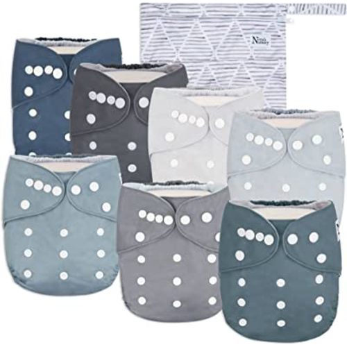 Nora's Nursery Cloth Diapers 7 Pack with 7 Bamboo Inserts & 1 Wet Bag - Waterproof Cover, Washable, Reusable & One Size Adjustable Pocket Diapers for Newborns and Toddlers - Out to Sea