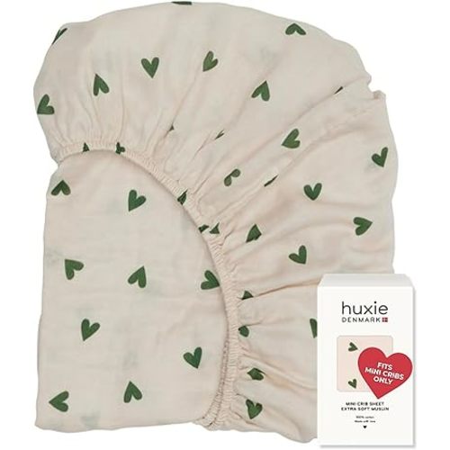 24 x 38 Mini Crib Sheets - Organic Cotton Muslin Fitted Crib Sheet Fitted for Pack and Play - Ultra-Soft and Breathable Crib Sheets for Boys and Girls (Green Hearts)