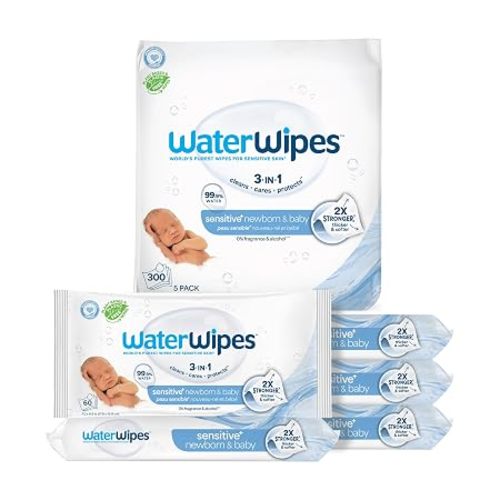 WaterWipes Sensitive+ Newborn & Baby Wipes, 3-In-1 Cleans, Cares, Protects, 99.9% Water, Unscented & Hypoallergenic, 300 Count (5 Packs)