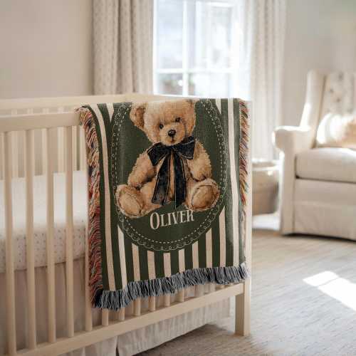 Personalized Teddy Bear Woven Blanket Teddy Bear Baby Shower Gift Bear Newborn Name Blanket Bear Blanket Bear Nursery Decor Blanket Newborn