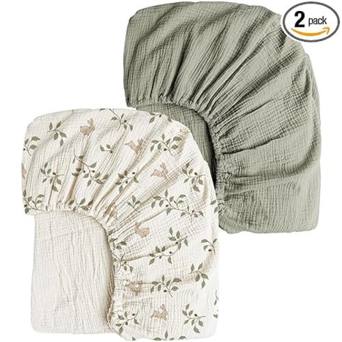 Konssy Muslin Crib Sheets 2 PCS, 100% Cotton Baby Crib Sheets for Standard Crib Mattress (28"x 52"), Soft and Breathable for Boys, Girls (Rabbit,Fog Green)