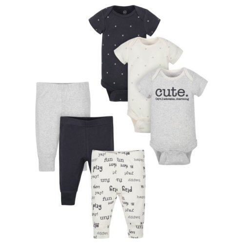 Wonder Nation Baby Boy or Girl Gender Neutral Short Sleeve Bodysuits and Pants Outfit Shower Gift Set, 6-Piece