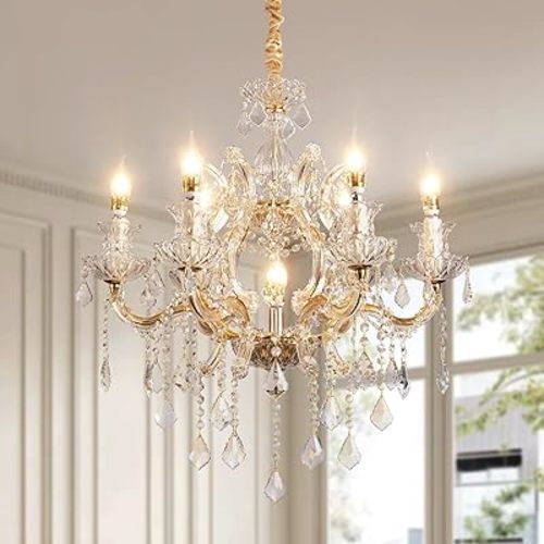 Luxurious K9 Crystal Chandelier for Living Room & Bedroom – Elegant Modern Ceiling Light, Adjustable Height, Energy-Efficient LED (7 Lights E12 Bulbs)