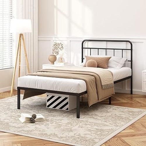 12 inches Twin Size Bed Frame with Minimalist headboard,Metal Platform Base with Strong Metal Slats,Mattress Foundation for Under Bed Storage,Easy Assembly,Black
