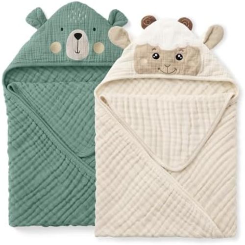 Blissful Diary Muslin Baby Hooded Towel 2 Pack, Soft & Absorbent Bath Towel for Infant, Toddler, Unisex, Baby Gift, Newborn Essentials, Bear & Lamb