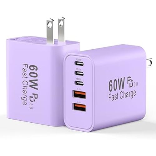 USB C Charging Blocks, 60W USBC Wall Fast Charger Block, Type C Phone USB C Charger Fast Charging Brick, 5-Port Multiport Charger Plug Power Adapter for Phone 17/16/15/14/13 Pro Max, Pad,S25-Lavender