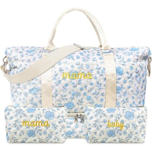 Mama Maternity Hospital Bag Essentials for Women Labor Delivery Baby Diaper Organizer with Shoe Compartment,2 Toiletry Pouch Travel Floral Duffle Bag for Pregnancy Mommy Weekender Overnight Gifts,Blue