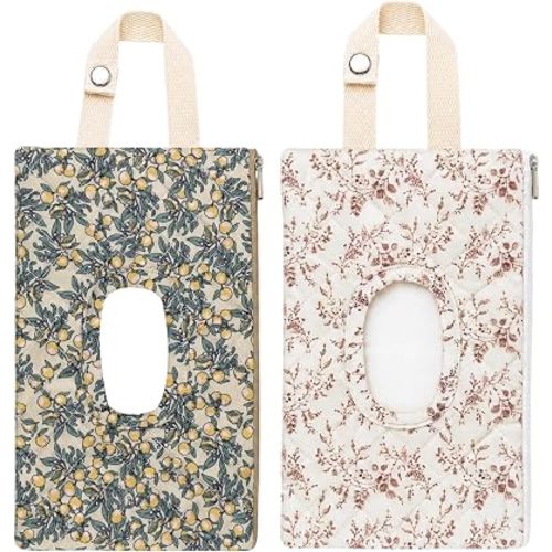 2 Pcs Quilted Diaper Wipes Pouch Hanging Stroller Floral Wet Bag