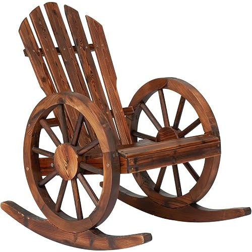Outdoor Wooden Wagon Rocking Chair - Rustic Wheel Design Adirondack Rocking Chair Patio Rocker Chairs for Patio, Country, Yard, Backyard, Natural (1 PCS)