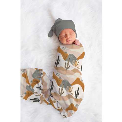 Boho Cactus Baby Swaddle and Hat, Baby Boy Shower Gift, Newborn Boy Coming Home Outfit, Southwestern Baby Gown, Knotted Baby Hat and Swaddle