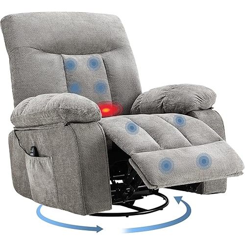 DUMOS Rocker Recliner Chair, Swivel Recliner with Vibration Massage & Lumbar Heating, 270° Rotating Chenille Fabric Recliner with footrest for Living Room & Bedroom, Grey