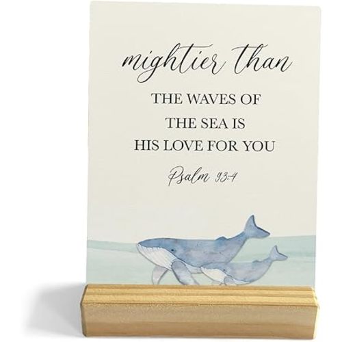 Mightier Than the Waves Bible Verse Desk Decor Rustic Plaque with Wood Stand, Psalm 93:4 Scriptures Whale Wooden Sign, Christian Decorative Wood Sign for Home Shelf Decor