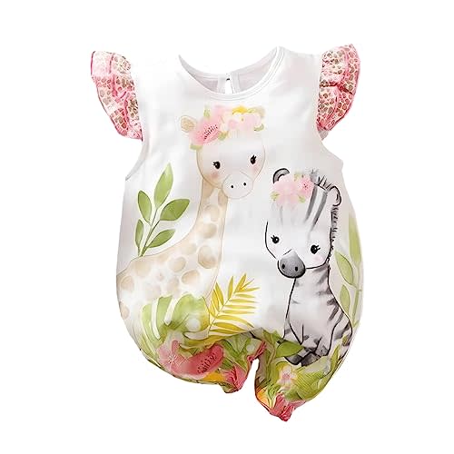 Aoswep - Cute Giraffe + Zebra With Floral Print Long Sleeve Baby Girl Clothes White Jumpsuit For Baby One-Piece Romper