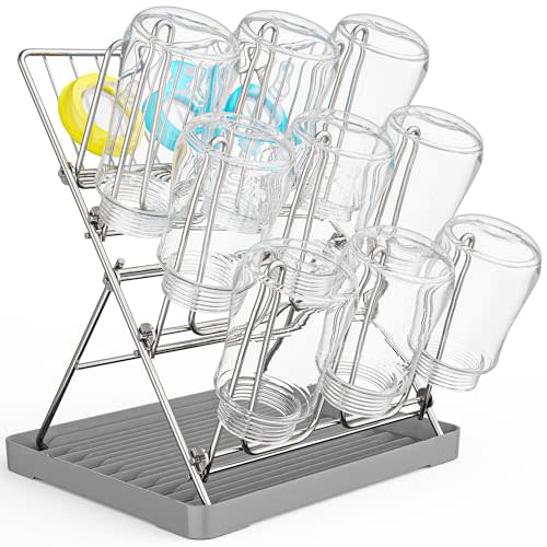 Vertical Baby Bottle Drying Rack, 9 Hooks Vertical Rack Dryer with Drainage Tray for Water Bottles, Drinking Glasses, Mugs, Cups, Foldable, Stainless Steel