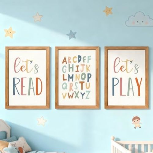 3 PCS Alphabet Framed Playroom Wall Decor,Classroom Must Haves Boho Educational ABC Poster Wooden Sign for Baby Girl Kid Boy Toddlers,Neutral Preschool English Letters Nursery Decor for Homeschool Kindergarten Kids Learning Natural