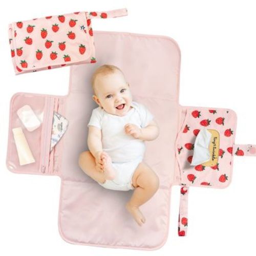 Tiny Twinkle Portable/Foldable Waterproof Diaper Changing Pad with Smart Wipes Pocket (Strawberries)