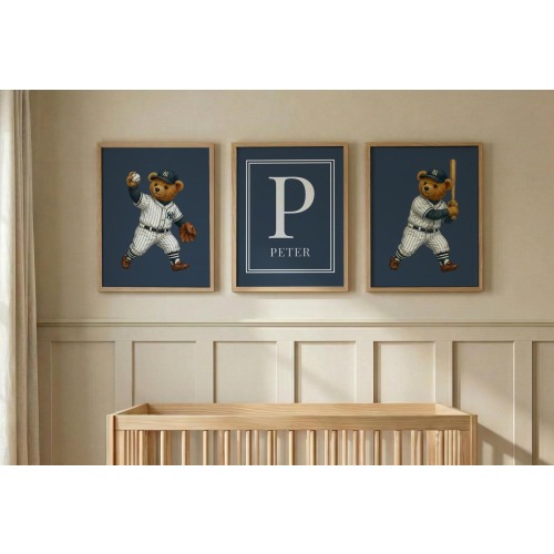 Personalized Baseball Nursery Art, Vintage Teddy Bear Player Print (Digital Download)