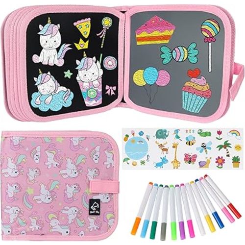 Erasable Book Doodle Set for Kids,Reusable Magic Drawing Book for Kids with 12 Watercolor Pens 14 Page Drawing,Road Trip Car Game Writing Painting Set for Boys and Girls (Pink Unicorn)