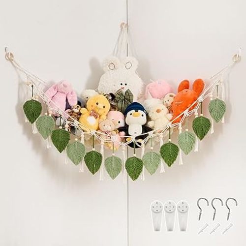 Pretty Jolly Macrame Leaf Wall Hanging Storage Hammock, 59" Boho Corner Organizer with Tassels, Stuffed Animal Plush Holder for Kids Room Nursery Decor (Avocado Green & Sage Green)
