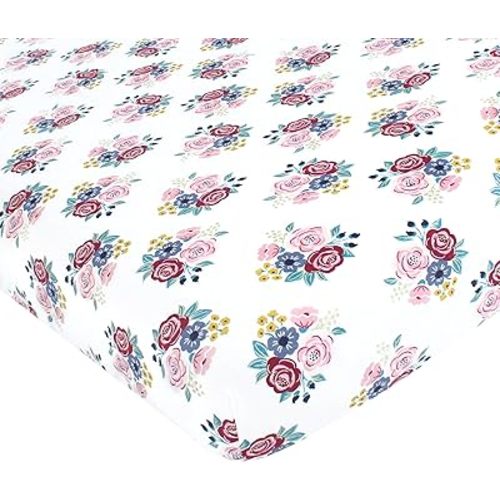 Hudson Baby Unisex Baby Cotton Fitted Crib Sheet, Blush Navy Floral, One Size