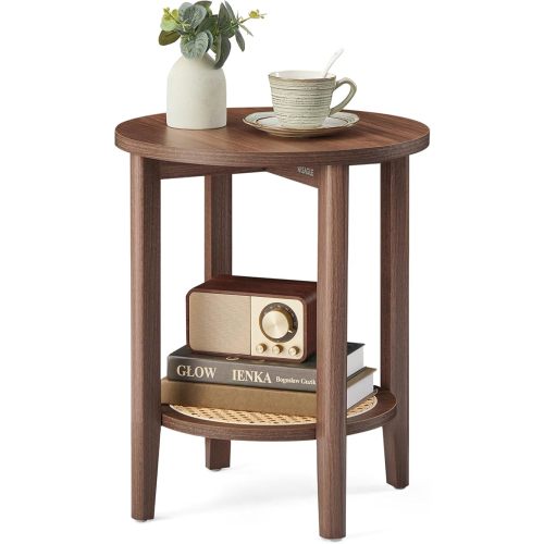 VASAGLE Round Side End Table, 2-Tier Boho Bedside Table with Rattan-Look