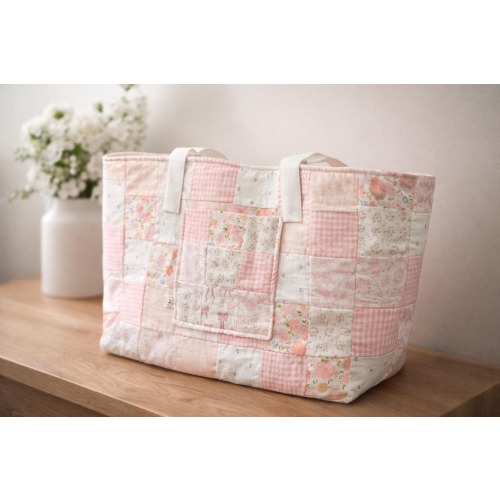 Homemade Large Quilted Patchwork Tote Bag- Cotton Shoulder Bag Bows, Floral
