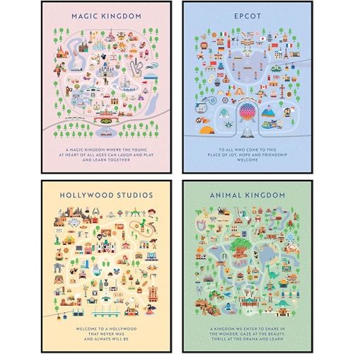 Amusement Theme Park Map Poster – Unframed 12x16 Inch Posters & Prints – Iconic Fantasy Magic Kingdom, Epcot, Studios, Animal Park – Teen Kids Boys Room and Girls Bedroom Adventure Wall Art Decor