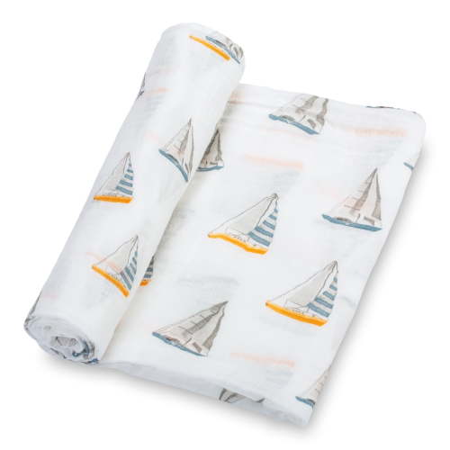 LollyBanks Sailboat Nautical Dreams Baby Muslin Swaddle Blanket 100% Muslin Cotton 47"x47" 1-Pack