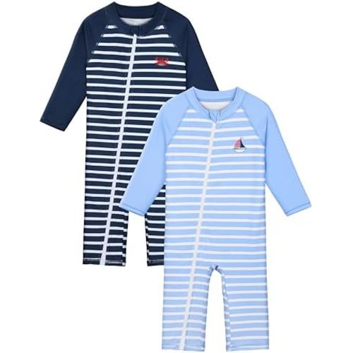 2 Pack Baby Toddler Boy Swimsuit UPF 50+ Sun Protection Long-Sleeve Zip Rashguards One Piece Bathing Suit for 3-36M