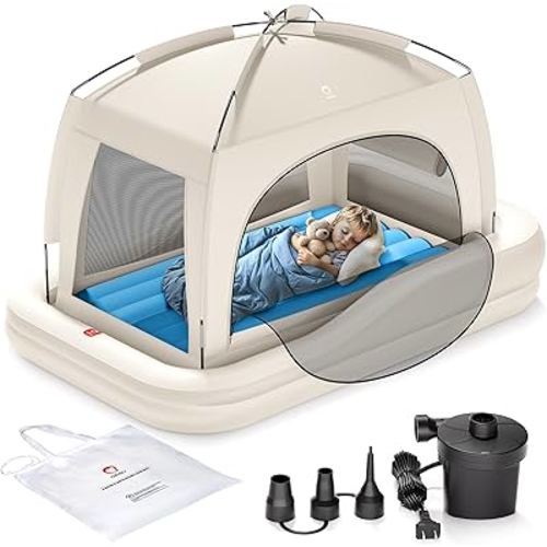 QPAU Inflatable Toddler Travel Bed with Tent, Portable Kids Air Mattress with Safety Bumpers, Ideal for Home, Grandma's, Camping, Traveling -Includes Fast Electric Pump, Khaki & Blue