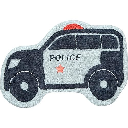 Hand Tufted Police Car Bedroom or Bathroom Rug - 30x20 in; 100% Cotton Kids Bathroom Mat; Decorative Kids Area Rug