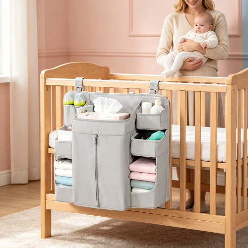 Winter Poetry Upgrade Baby Crib Hanging Organizer, Diaper Storage Rack, Multifunctional Nursery Caddy Gray