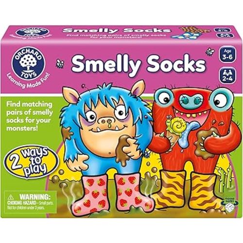 ORCHARD TOYS Moose Smelly Socks Game. Find Matching Pairs of Socks for Your Monsters! for Ages 3-6 and 2-4 Players