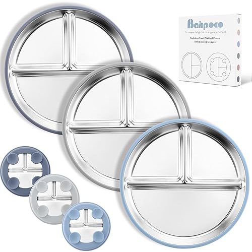 Stainless Steel Suction Plates for Toddlers, 9" Divided Kids Baby Plates with Removable Silicone Suction, Non Toxic Non Slip Portion Control Snack Dishes 3 Packs, Blue Gray Navy