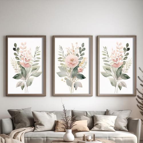 Elegant Watercolor Style Boho Wall Art or Canvas, Aesthetic Sage Green & Blush Pink Prints, Perfect Living Room Decor Botanical Lover Poster