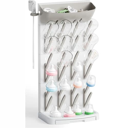 SuoXing Vertical Baby Bottle Drying Rack with Brush- Hold 24 Bottles - Large Breast Pump,Bottle Dryer Rack for Kitchen Countertop,Space Saving Bottle Stand Holder for Pacifiers,Pump Accessories,Grey