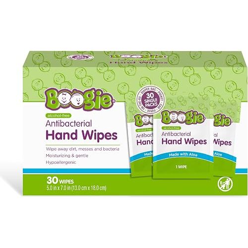 Boogie Antibacterial Hand Wipes - 30 Count - Hypoallergenic & Alcohol-Free - Individually Wrapped - Travel and Diaper Bag Essential