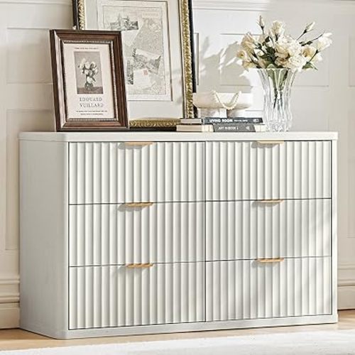 LEYAOYAO Fluted 6 Drawers Dresser, 48" Wide Modern Chest of Drawers with Wood Grain Top, Curved Profile Design, Dresser TV Stand, Wood Drawer Organizer for Bedroom, Living Room, Antique White