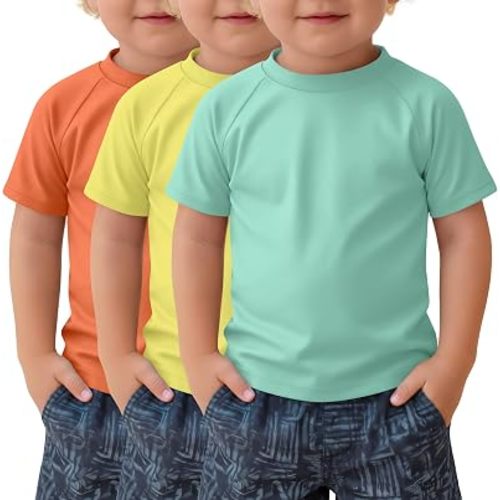 Yooo's Vivi 3 Pack Toddler Boys Rash Guard UPF 50+ Sun Protection Slim Fit Short Sleeve Tees Kid Quick Dry Summer Swim Shirts
