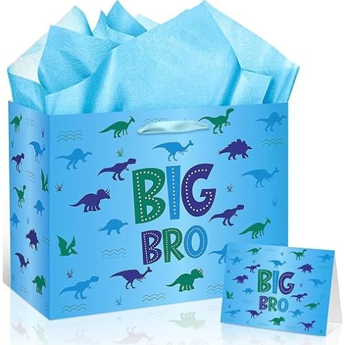 Big Brother Gift Bag for Boys, Cute Big Bro Gift Bag with Tissue Paper and Greeting Card Blue Wrapping Paper Cartoon Dinosaur New Brother Party Decoration for Little Boy Birthday Party Supplies